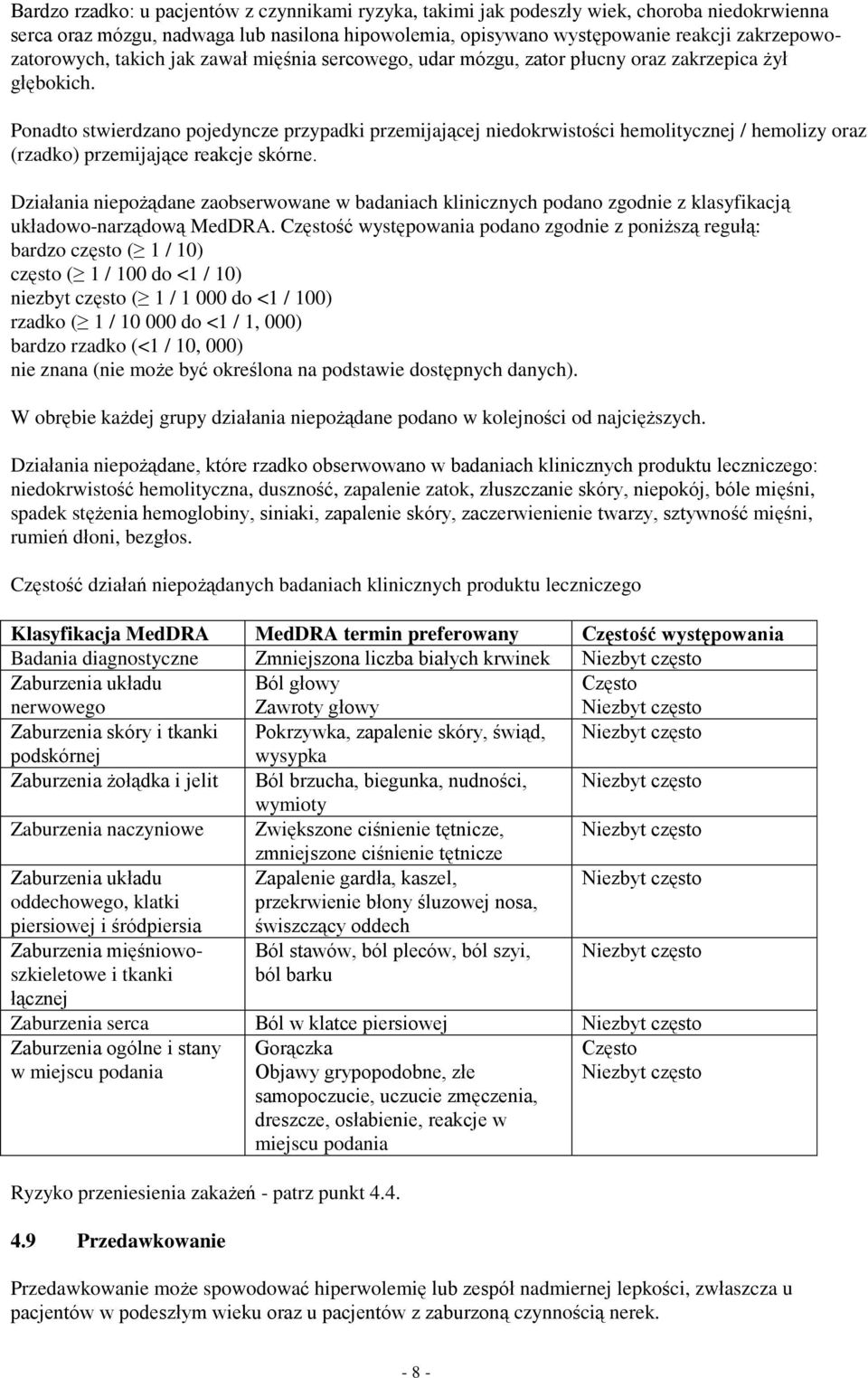 Ponadto stwierdzano pojedyncze przypadki przemijającej niedokrwistości hemolitycznej / hemolizy oraz (rzadko) przemijające reakcje skórne.
