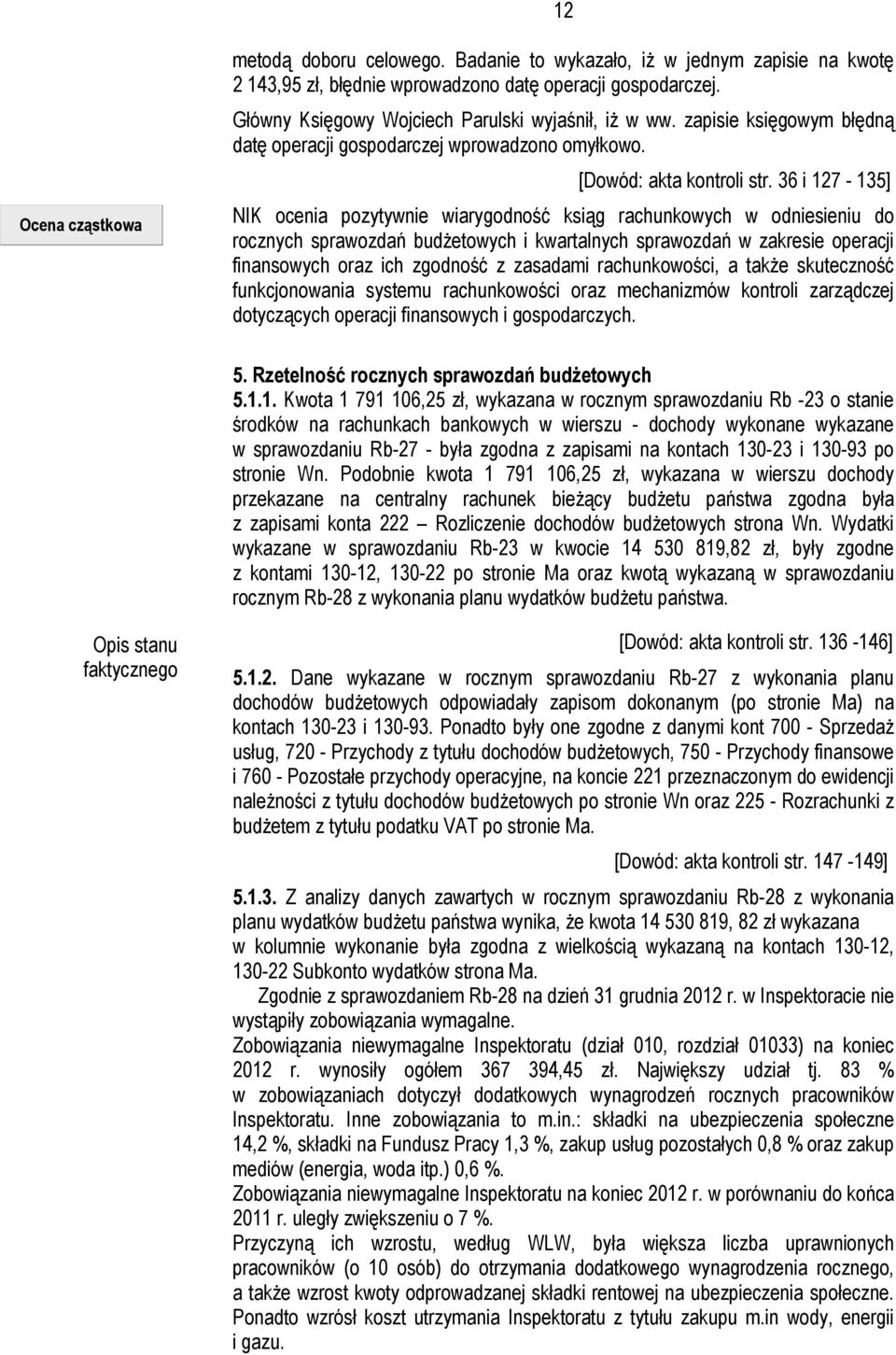 36 i 127-135] NIK ocenia pozytywnie wiarygodność ksiąg rachunkowych w odniesieniu do rocznych sprawozdań budżetowych i kwartalnych sprawozdań w zakresie operacji finansowych oraz ich zgodność z