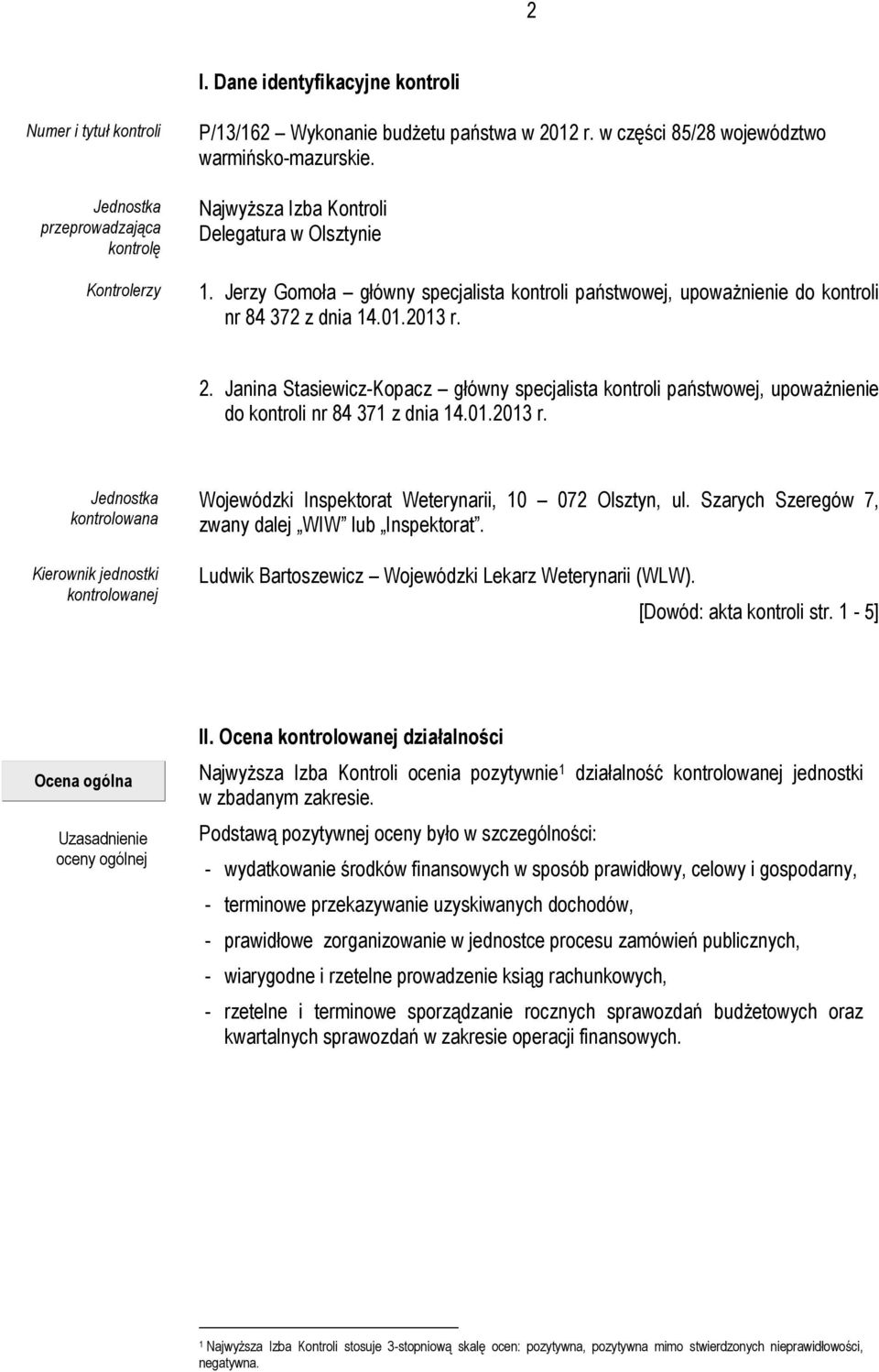 Janina Stasiewicz-Kopacz główny specjalista kontroli państwowej, upoważnienie do kontroli nr 84 371 z dnia 14.01.2013 r.