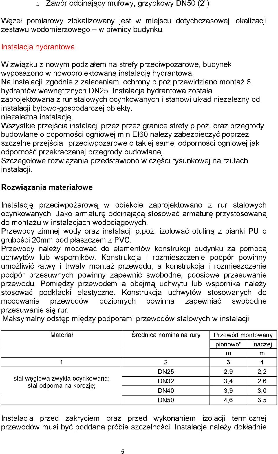 poż przewidziano montaż 6 hydrantów wewnętrznych DN25. Instalacja hydrantowa została zaprojektowana z rur stalowych ocynkowanych i stanowi układ niezależny od instalacji bytowo-gospodarczej obiekty.