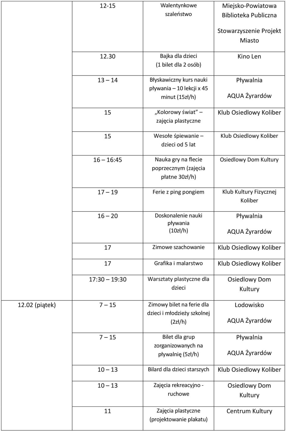 17 19 Ferie z ping pongiem Klub Fizycznej 17 Zimowe szachowanie 17 Grafika i malarstwo 17:30 19:30 Warsztaty plastyczne