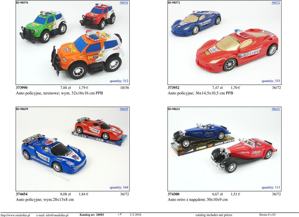 access=98572 quantity: 312 quantity: 333 373990 7,88 zł 1,79 18/36 373952 7,47 zł 1,70 36/72 Auto policyjne, terenowe; wym.
