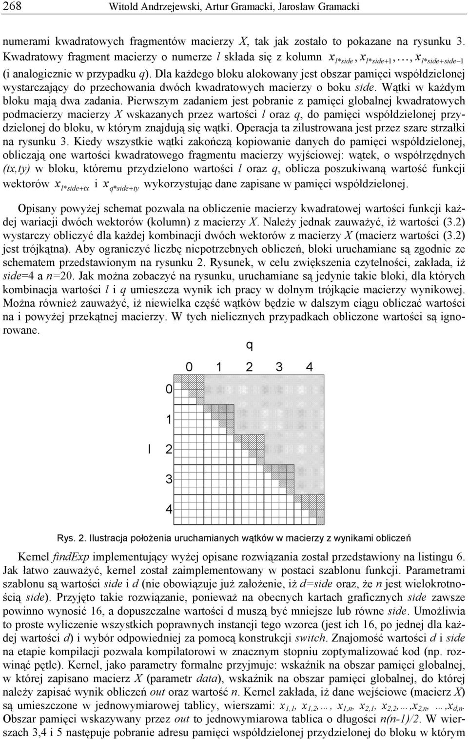 Dla każdego bloku alokoway est obszar pamięci współdzieloe wystarczaący do przechowaia dwóch kwadratowych macierzy o boku side. Wątki w każdym bloku maą dwa zadaia.