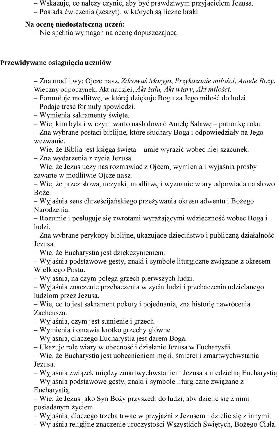 Formułuje modlitwę, w której dziękuje Bogu za Jego miłość do ludzi. Podaje treść formuły spowiedzi. Wymienia sakramenty święte. Wie, kim była i w czym warto naśladować Anielę Salawę patronkę roku.