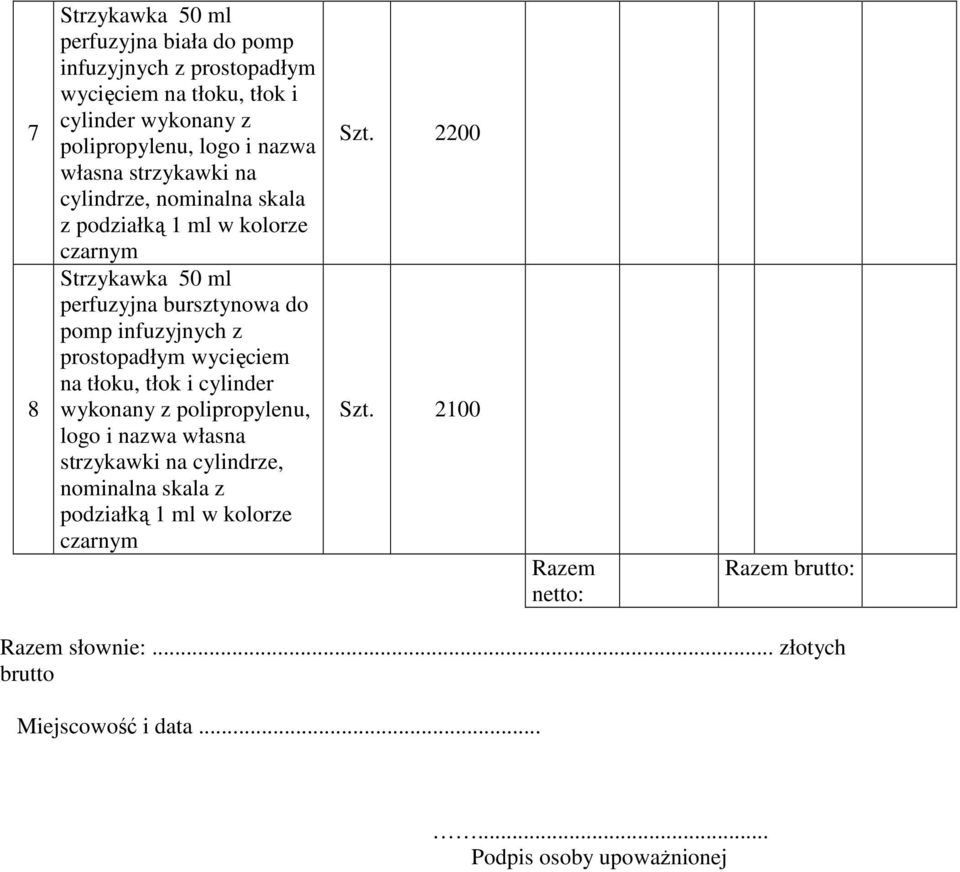 infuzyjnych z prostopadłym wycięciem na tłoku, tłok i cylinder wykonany z polipropylenu, logo i nazwa własna strzykawki na cylindrze, nominalna