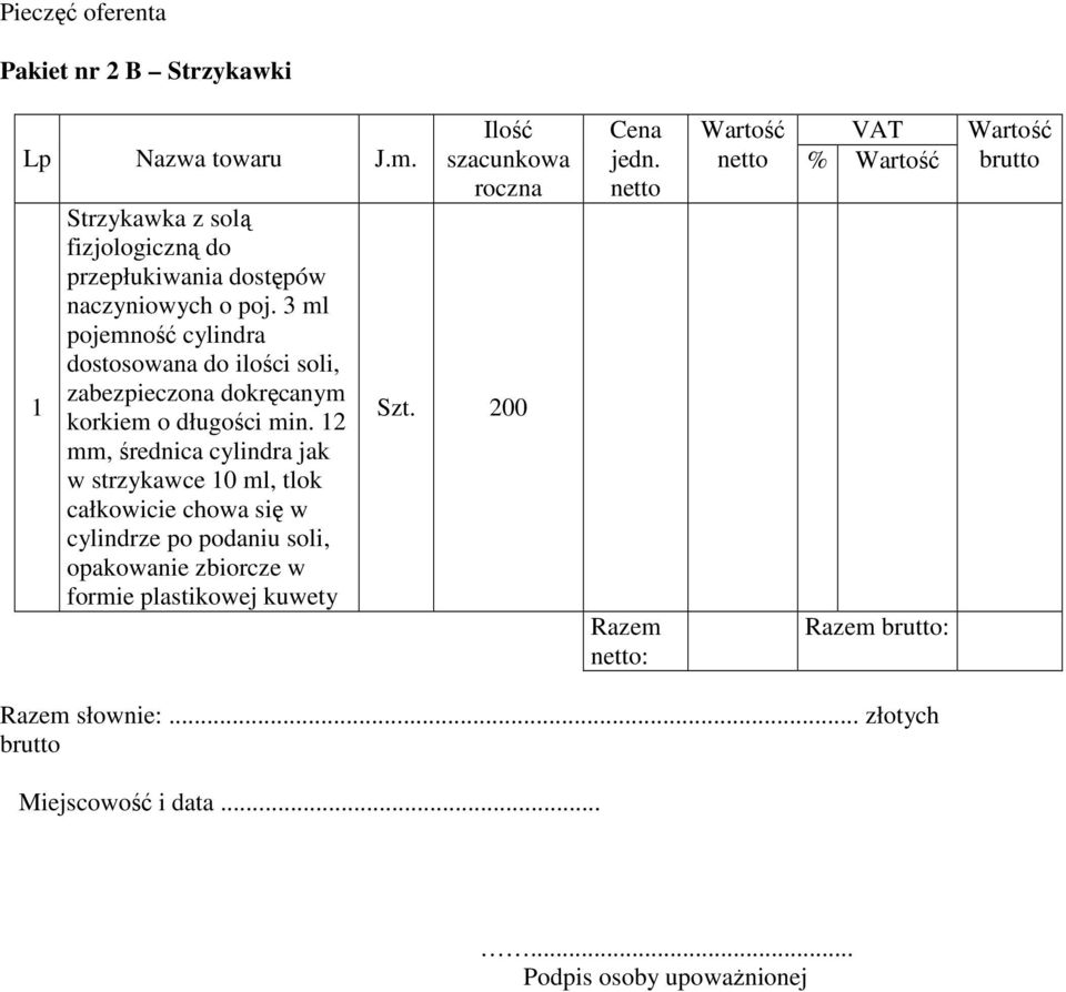 2 mm, średnica cylindra jak w strzykawce 0 ml, tlok całkowicie chowa się w cylindrze po podaniu soli, opakowanie zbiorcze w formie plastikowej