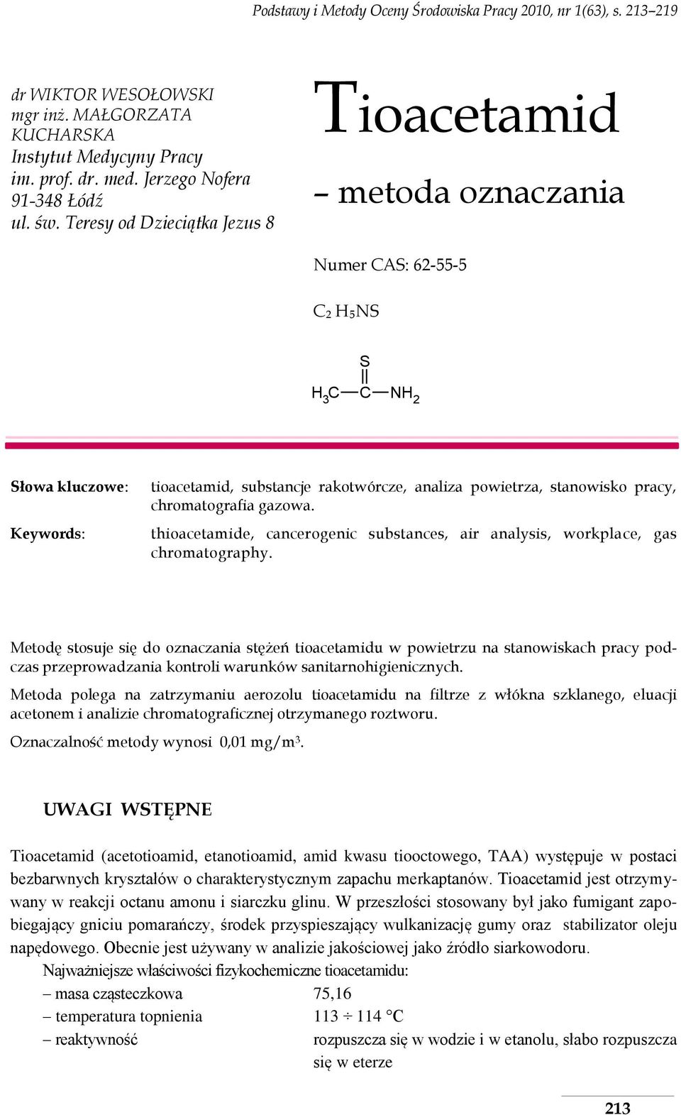 pracy, chromatografia gazowa. thioacetamide, cancerogenic substances, air analysis, workplace, gas chromatography.