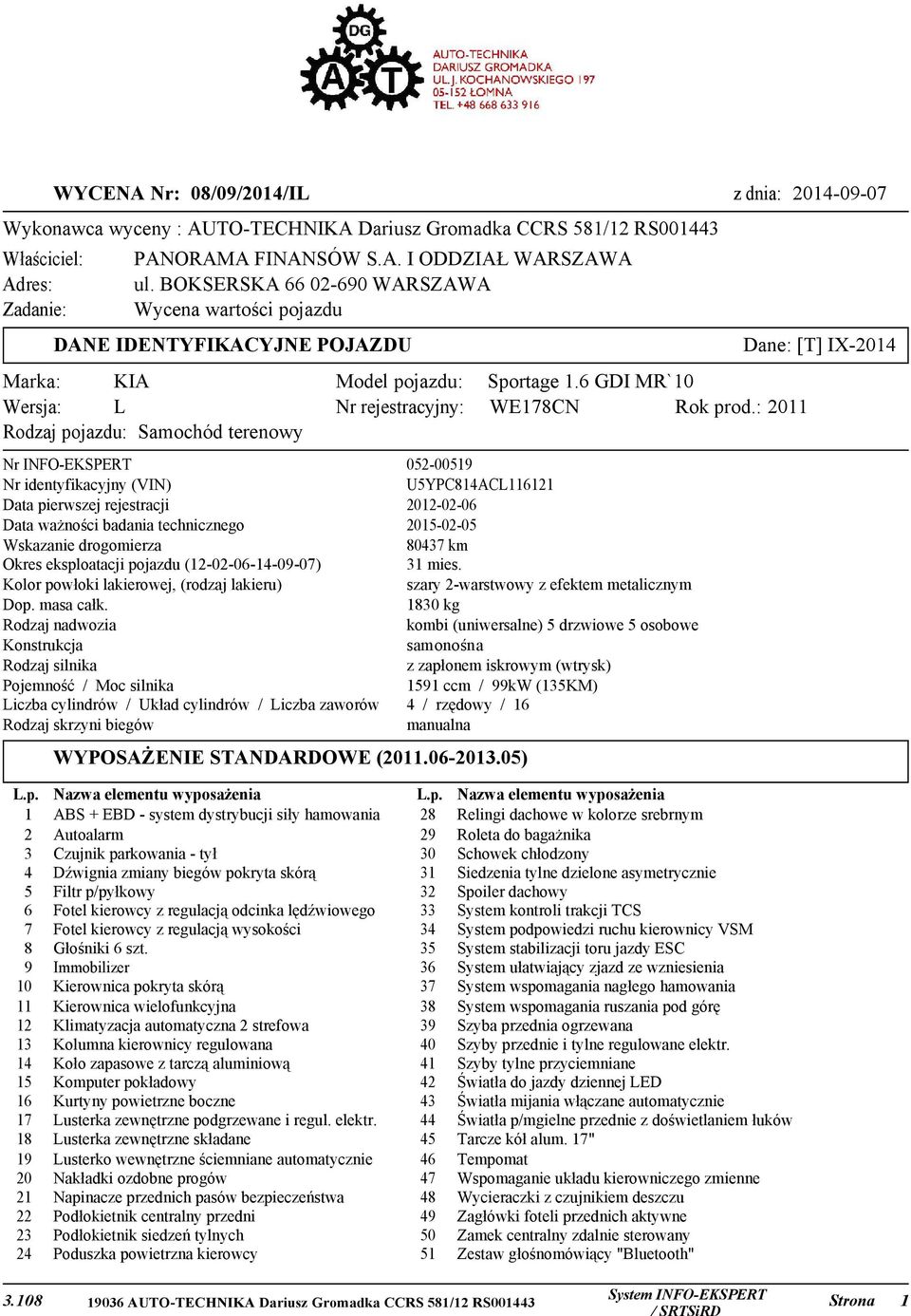 : 2011 Rodzaj pojazdu: Samochód terenowy Nr INFO-EKSPERT 052-00519 Nr identyfikacyjny (VIN) U5YPC814ACL116121 Data pierwszej rejestracji 2012-02-06 Data ważności badania technicznego 2015-02-05