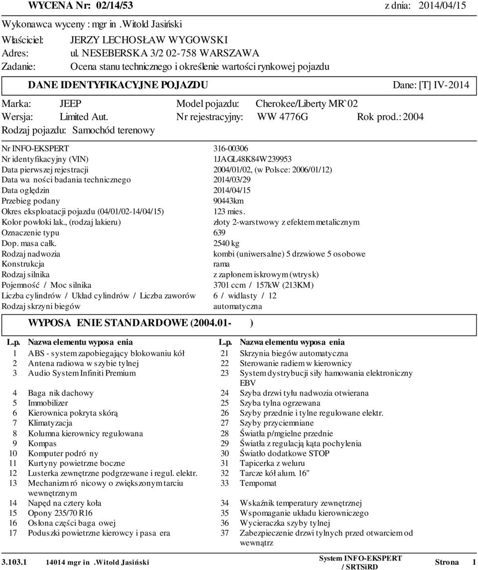 Rodzaj pojazdu: Samochód terenowy Dane: [T] IV-2014 Model pojazdu: Nr rejestracyjny: Nr INFO-EKSPERT Nr identyfikacyjny (VIN) Data pierwszej rejestracji Data ważności badania technicznego Data