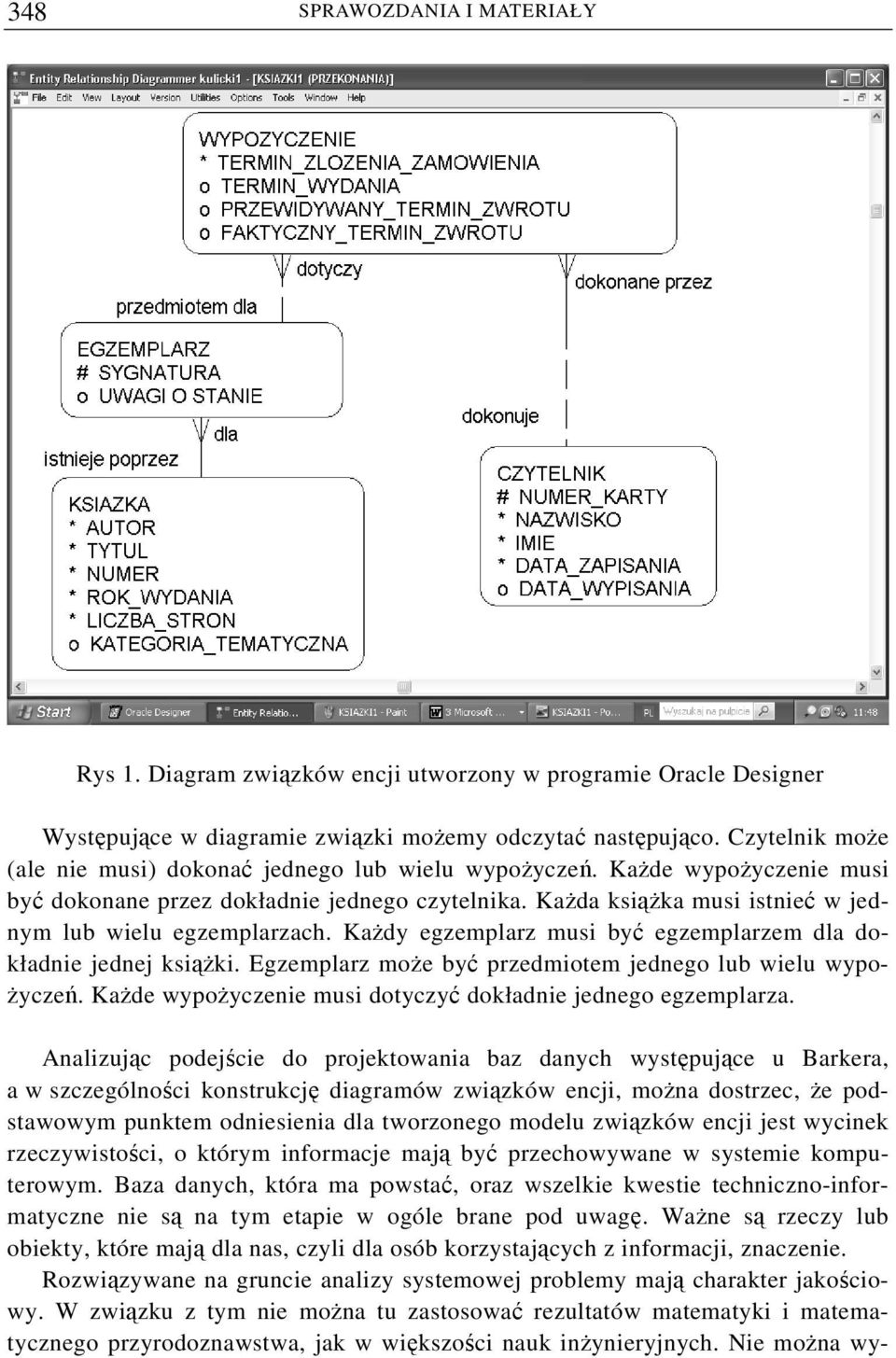 Każda książka musi istnieć w jednym lub wielu egzemplarzach. Każdy egzemplarz musi być egzemplarzem dla dokładnie jednej książki. Egzemplarz może być przedmiotem jednego lub wielu wypożyczeń.