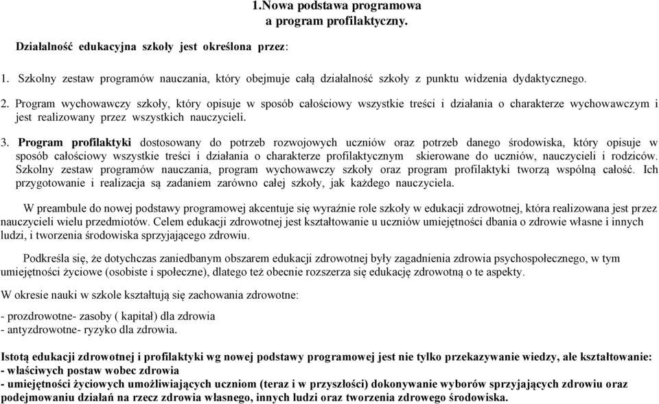 Program profilaktyki dostosowany do potrzeb rozwojowych uczniów oraz potrzeb danego środowiska, który opisuje w sposób całościowy wszystkie treści i działania o charakterze profilaktycznym skierowane