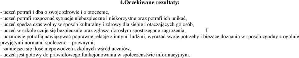 spostrzegane zagrożenia, I - uczniowie potrafią nawiązywać poprawne relacje z innymi ludźmi, wyrażać swoje potrzeby i bieżące doznania w sposób zgodny z ogólnie