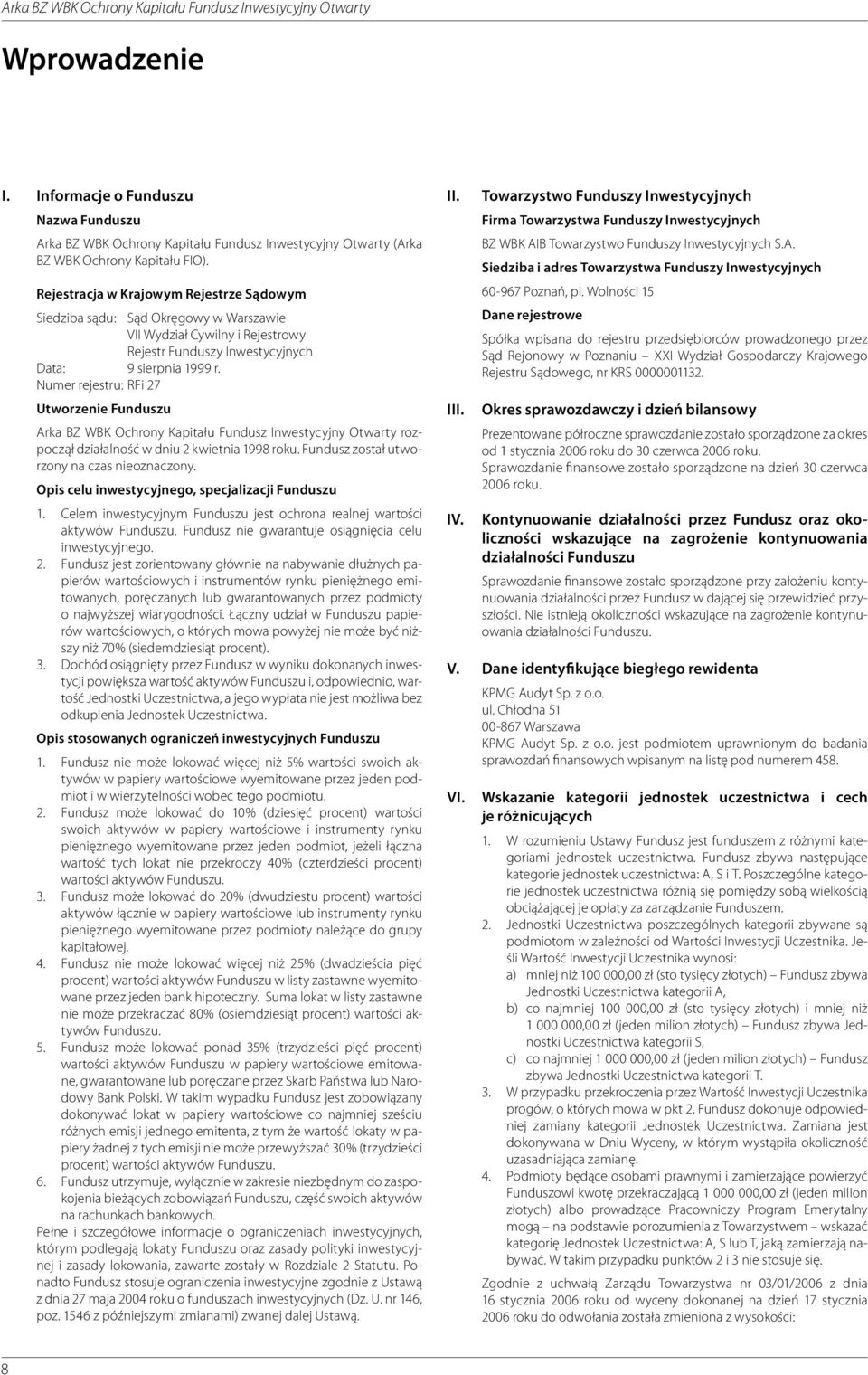 Numer rejestru: RFi 27 Utworzenie Funduszu Arka BZ WBK Ochrony Kapitału Fundusz Inwestycyjny Otwarty rozpoczął działalność w dniu 2 kwietnia 1998 roku. Fundusz został utworzony na czas nieoznaczony.