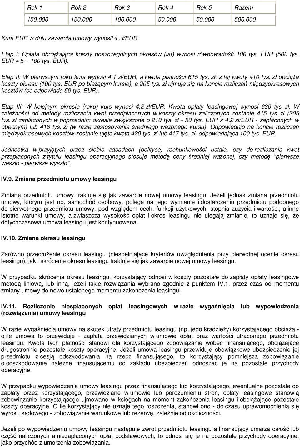 Etap II: W pierwszym roku kurs wynosi 4,1 zł/eur, a kwota płatności 615 tys. zł; z tej kwoty 410 tys. zł obciąża koszty okresu (100 tys. EUR po bieżącym kursie), a 205 tys.