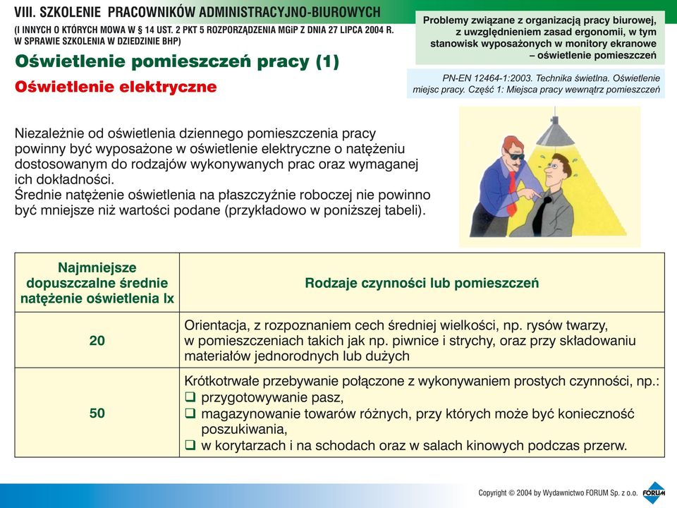 prac oraz wymaganej ich dok³adnoœci. Œrednie natê enie oœwietlenia na p³aszczyÿnie roboczej nie powinno byæ mniejsze ni wartoœci podane (przyk³adowo w poni szej tabeli).