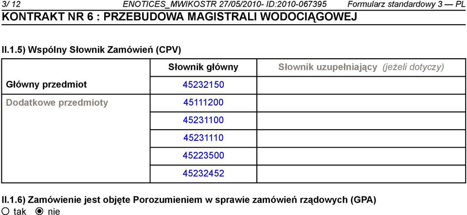 przedmioty 45111200 45231100 45231110 45223500 45232452 Słownik uzupełniający (jeżeli