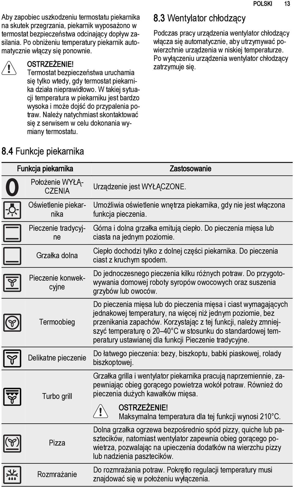W takiej sytuacji temperatura w piekarniku jest bardzo wysoka i może dojść do przypalenia potraw. Należy natychmiast skontaktować się z serwisem w celu dokonania wymiany termostatu. 8.