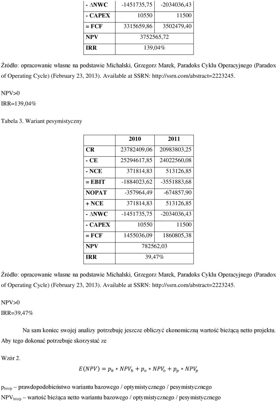 513126,85 - NWC -1451735,75-2034036,43 - CAPEX 10550 11500 = FCF 1455036,09 1860805,38 NPV 782562,03 IRR 39,47% NPV>0 IRR=39,47% Na sam koniec swojej analizy potrzebuję jeszcze obliczyć