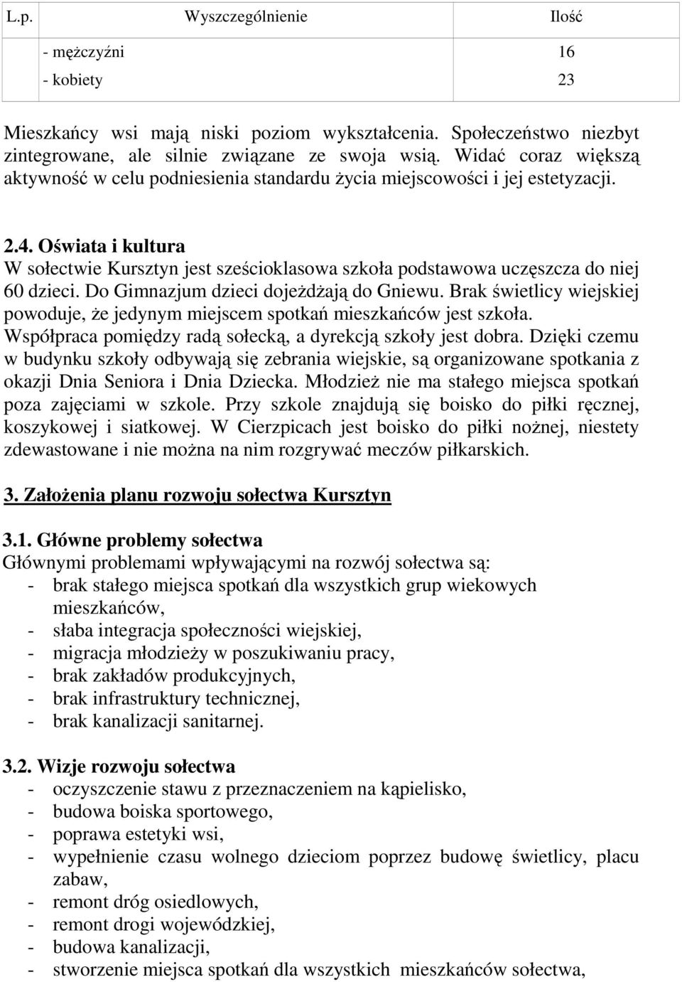 Oświata i kultura W sołectwie Kursztyn jest sześcioklasowa szkoła podstawowa uczęszcza do niej 60 dzieci. Do Gimnazjum dzieci dojeŝdŝają do Gniewu.