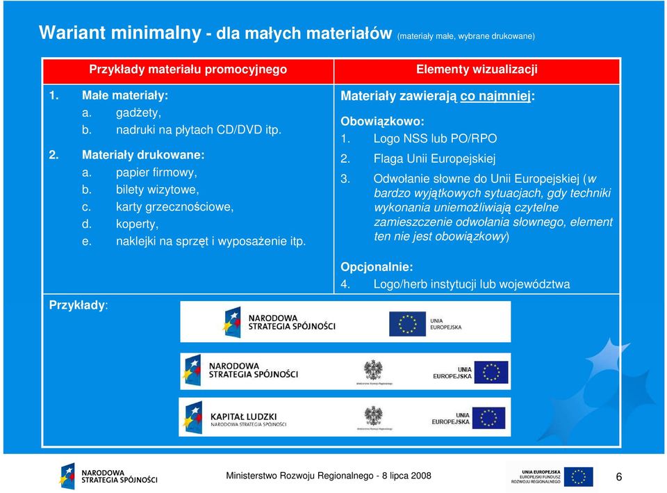 Materiały zawierają co najmniej: Obowiązkowo: Elementy wizualizacji 1. Logo NSS lub PO/RPO 2. Flaga Unii Europejskiej 3.