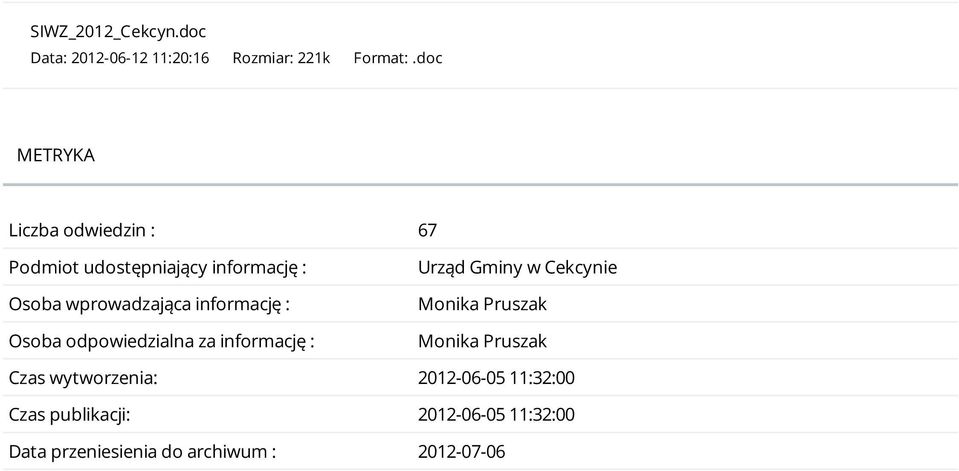 informację : Osoba odpowiedzialna za informację : Urząd Gminy w Cekcynie Monika Pruszak Monika