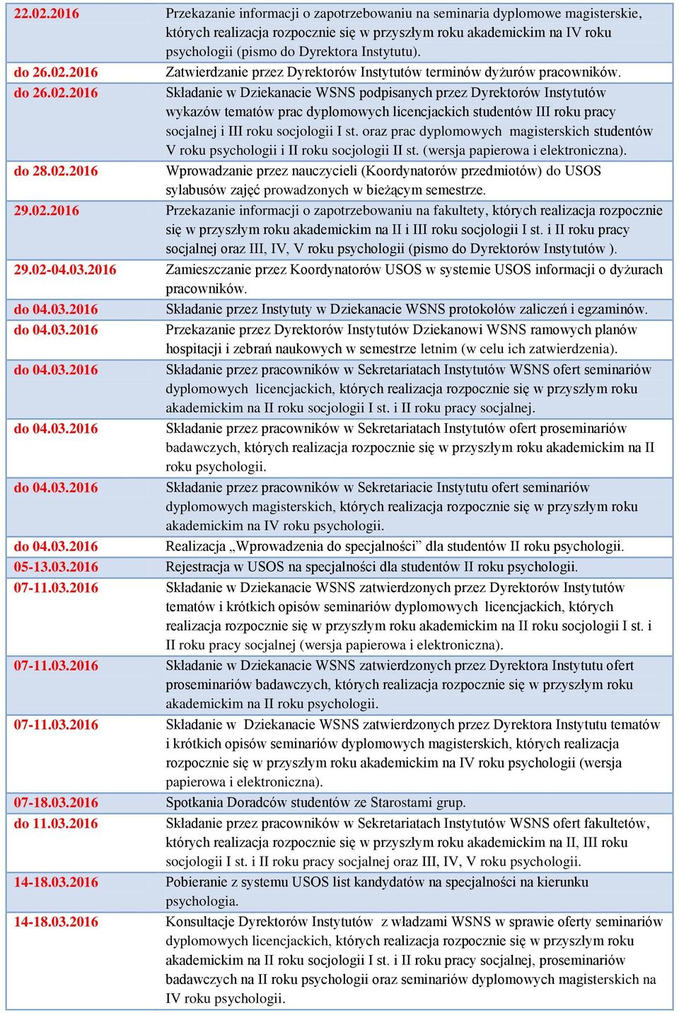 do 26.02.2016 Zatwierdzanie przez Dyrektorów Instytutów terminów dyżurów pracowników. do 26.02.2016 Składanie w Dziekanacie WSNS podpisanych przez Dyrektorów Instytutów wykazów tematów prac dyplomowych licencjackich studentów III roku pracy socjalnej i III roku socjologii I st.