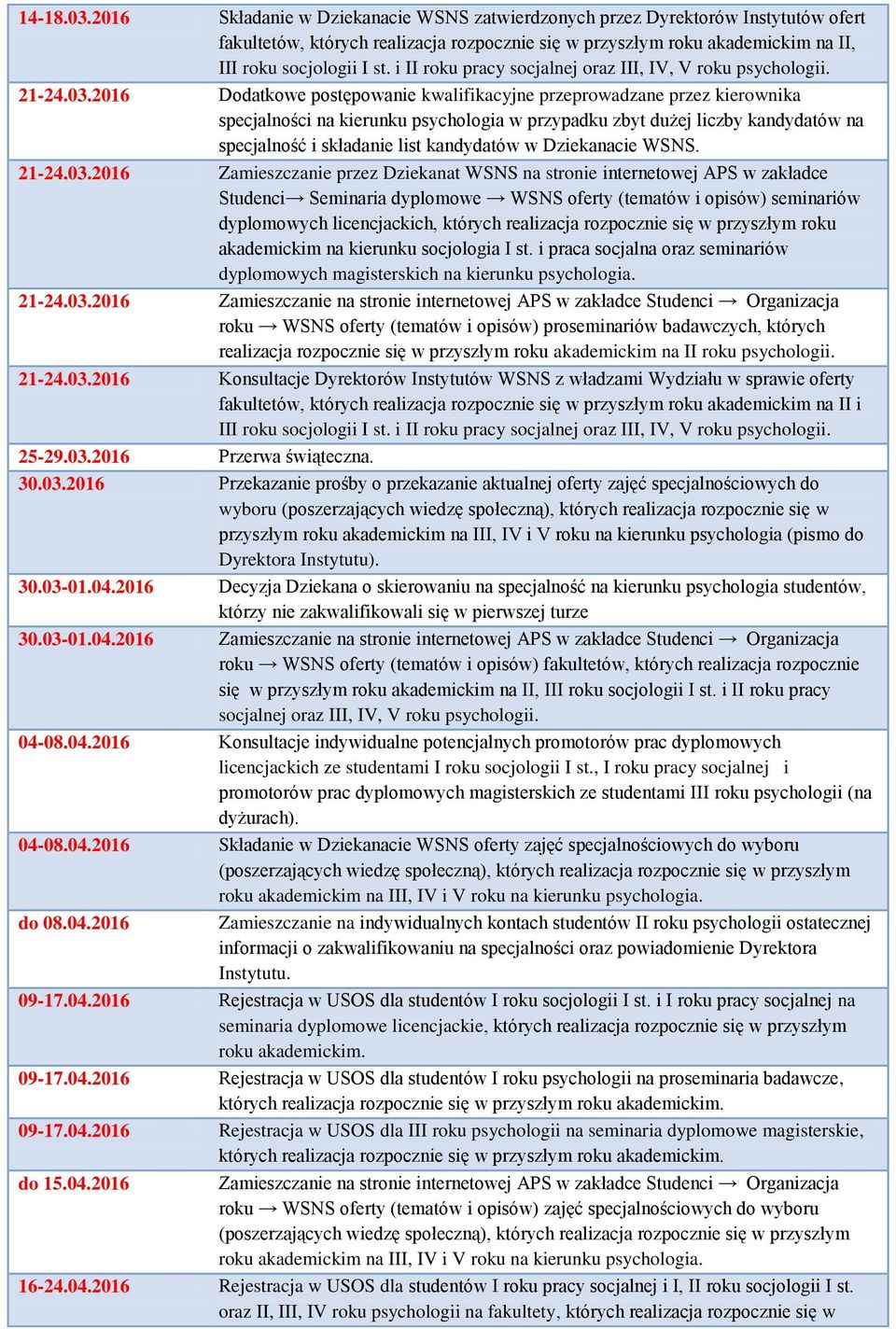 2016 Dodatkowe postępowanie kwalifikacyjne przeprowadzane przez kierownika specjalności na kierunku psychologia w przypadku zbyt dużej liczby kandydatów na specjalność i składanie list kandydatów w