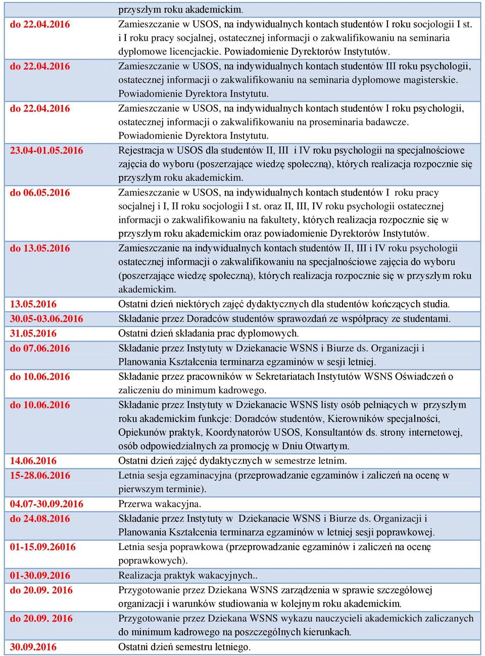 2016 Zamieszczanie w USOS, na indywidualnych kontach studentów III roku psychologii, ostatecznej informacji o zakwalifikowaniu na seminaria dyplomowe magisterskie. Powiadomienie Dyrektora Instytutu.