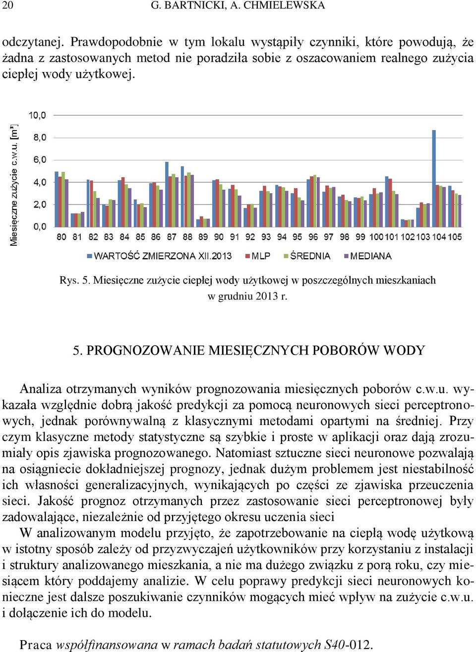 Miesięczne zużycie ciepłej wody użytkowej w poszczególnych mieszkaniach w grudniu 2013 r. 5. PROGNOZOWANIE MIESIĘCZNYCH POBORÓW WODY Analiza otrzymanych wyników prognozowania miesięcznych poborów c.w.u. wykazała względnie dobrą jakość predykcji za pomocą neuronowych sieci perceptronowych, jednak porównywalną z klasycznymi metodami opartymi na średniej.