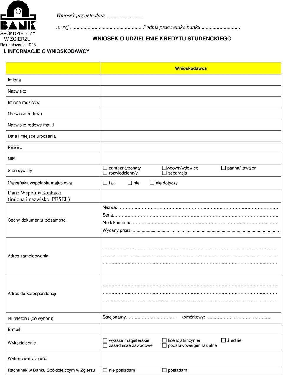 rozwiedziona/y separacja Małżeńska wspólnota majątkowa dotyczy Dane Współmałżonka/ki (imiona i nazwisko, PESEL) Cechy dokumentu tożsamości Nazwa:. Seria.. Nr dokumentu:.... Wydany przez:.