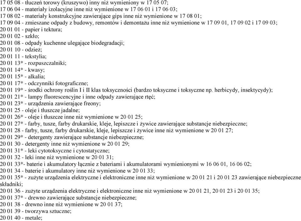 - odpady kuchenne ulegające biodegradacji; 20 01 10 - odzież; 20 01 11 - tekstylia; 20 01 13* - rozpuszczalniki; 20 01 14* - kwasy; 20 01 15* - alkalia; 20 01 17* - odczynniki fotograficzne; 20 01