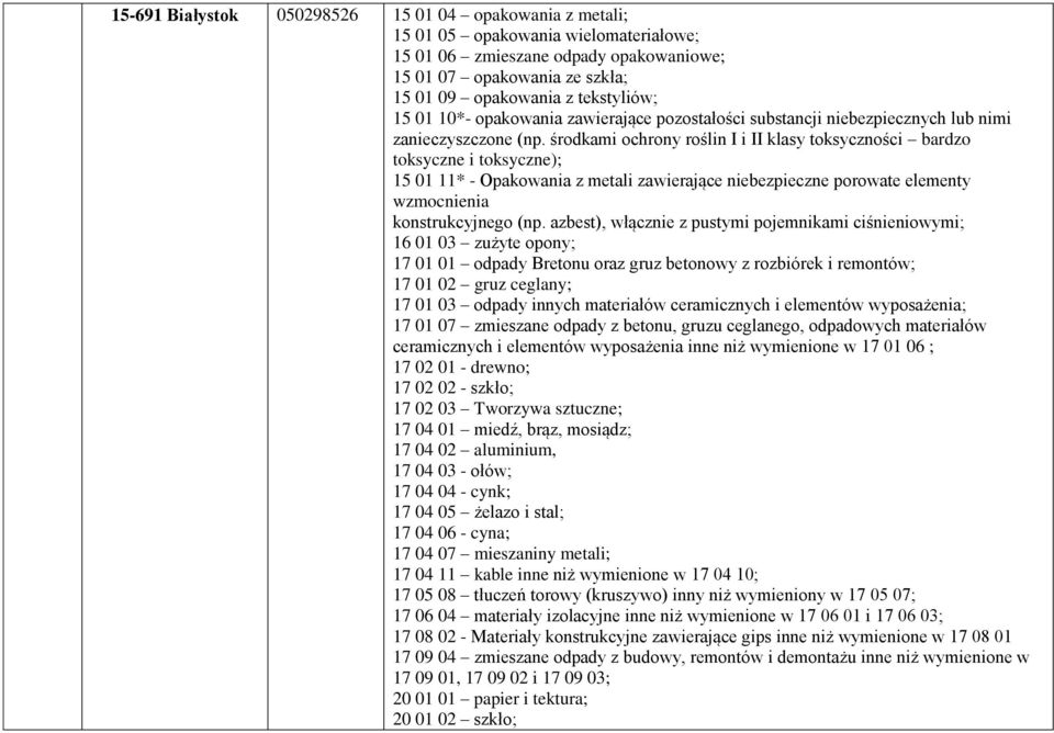 środkami ochrony roślin I i II klasy toksyczności bardzo toksyczne i toksyczne); 15 01 11* - Opakowania z metali zawierające niebezpieczne porowate elementy wzmocnienia konstrukcyjnego (np.