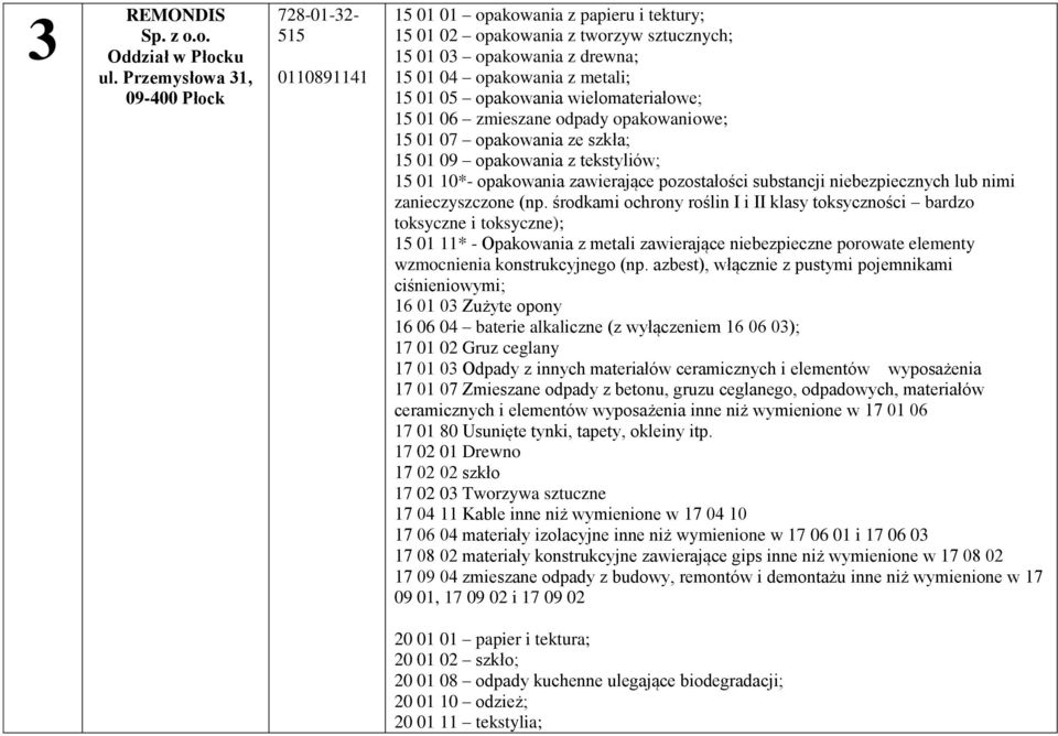 01 05 opakowania wielomateriałowe; 15 01 06 zmieszane odpady opakowaniowe; 15 01 07 opakowania ze szkła; 15 01 09 opakowania z tekstyliów; 15 01 10*- opakowania zawierające pozostałości substancji