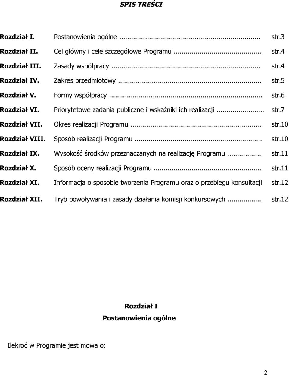 Sposób realizacji Programu... str.10 Rozdział IX. Wysokość środków przeznaczanych na realizację Programu... str.11 Rozdział X. Sposób oceny realizacji Programu... str.11 Rozdział XI.