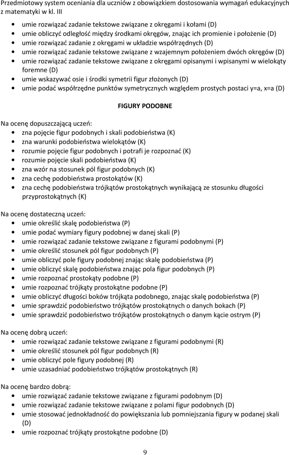 umie wskazywać osie i środki symetrii figur złożonych (D) umie podać współrzędne punktów symetrycznych względem prostych postaci y=a, x=a (D) FIGURY PODOBNE Na ocenę dopuszczającą uczeń: zna pojęcie