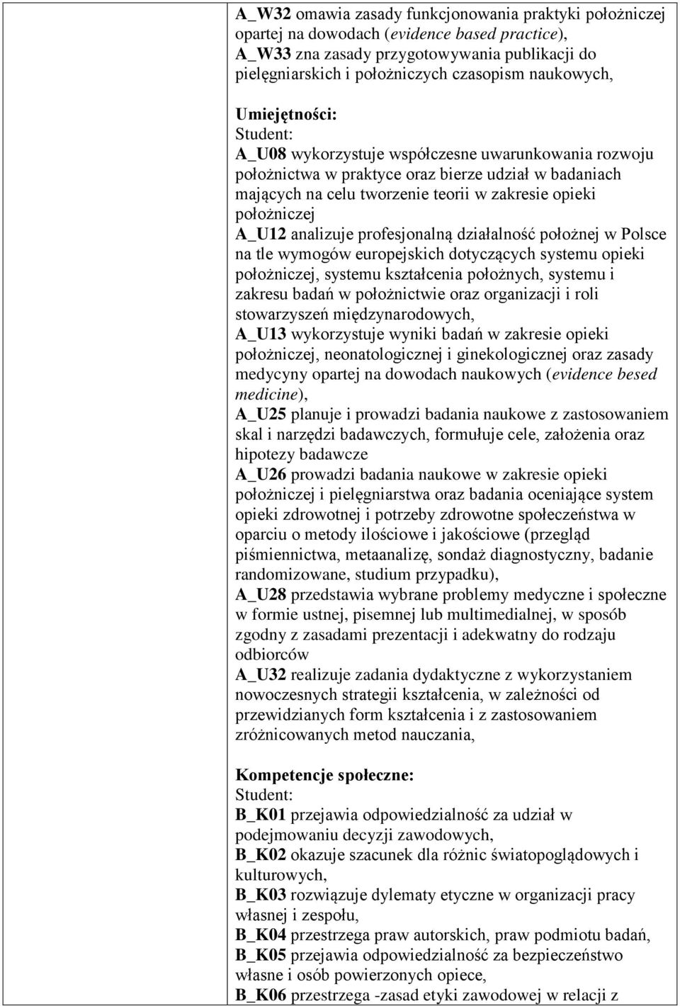 położniczej A_U12 analizuje profesjonalną działalność położnej w Polsce na tle wymogów europejskich dotyczących systemu opieki położniczej, systemu kształcenia położnych, systemu i zakresu badań w