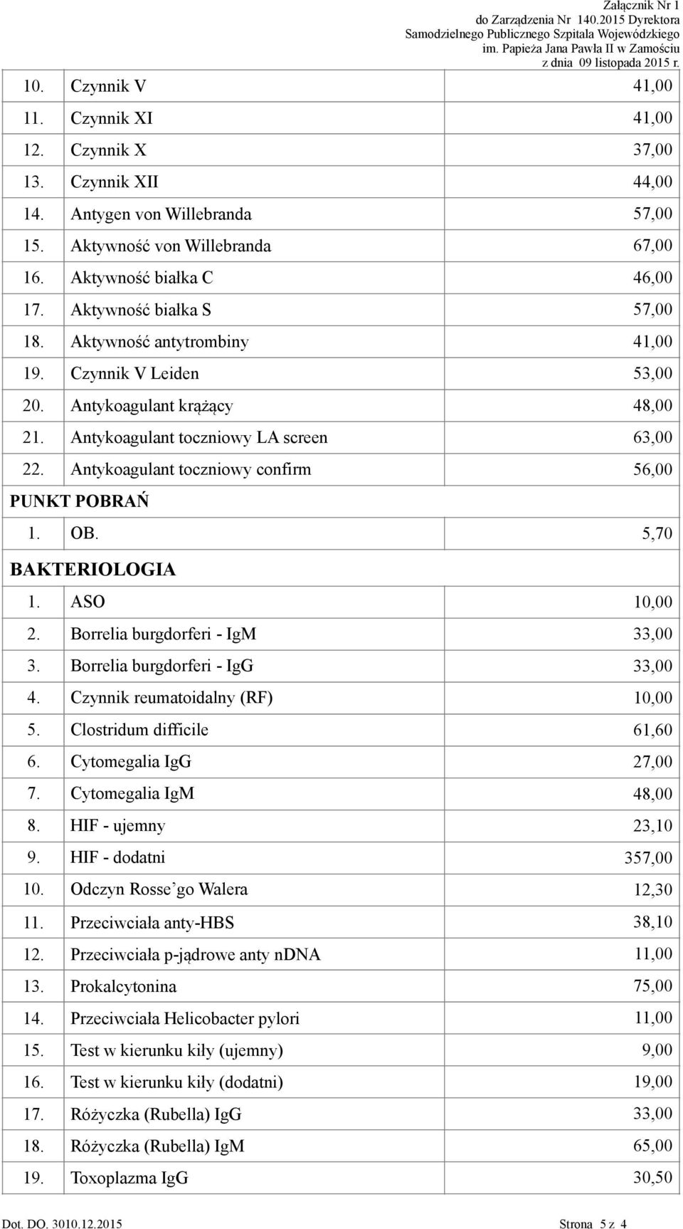 Antykoagulant toczniowy confirm 56,00 PUNKT POBRAŃ 1. OB. 5,70 BAKTERIOLOGIA 1. ASO 10,00 2. Borrelia burgdorferi - IgM 33,00 3. Borrelia burgdorferi - IgG 33,00 4. Czynnik reumatoidalny (RF) 10,00 5.