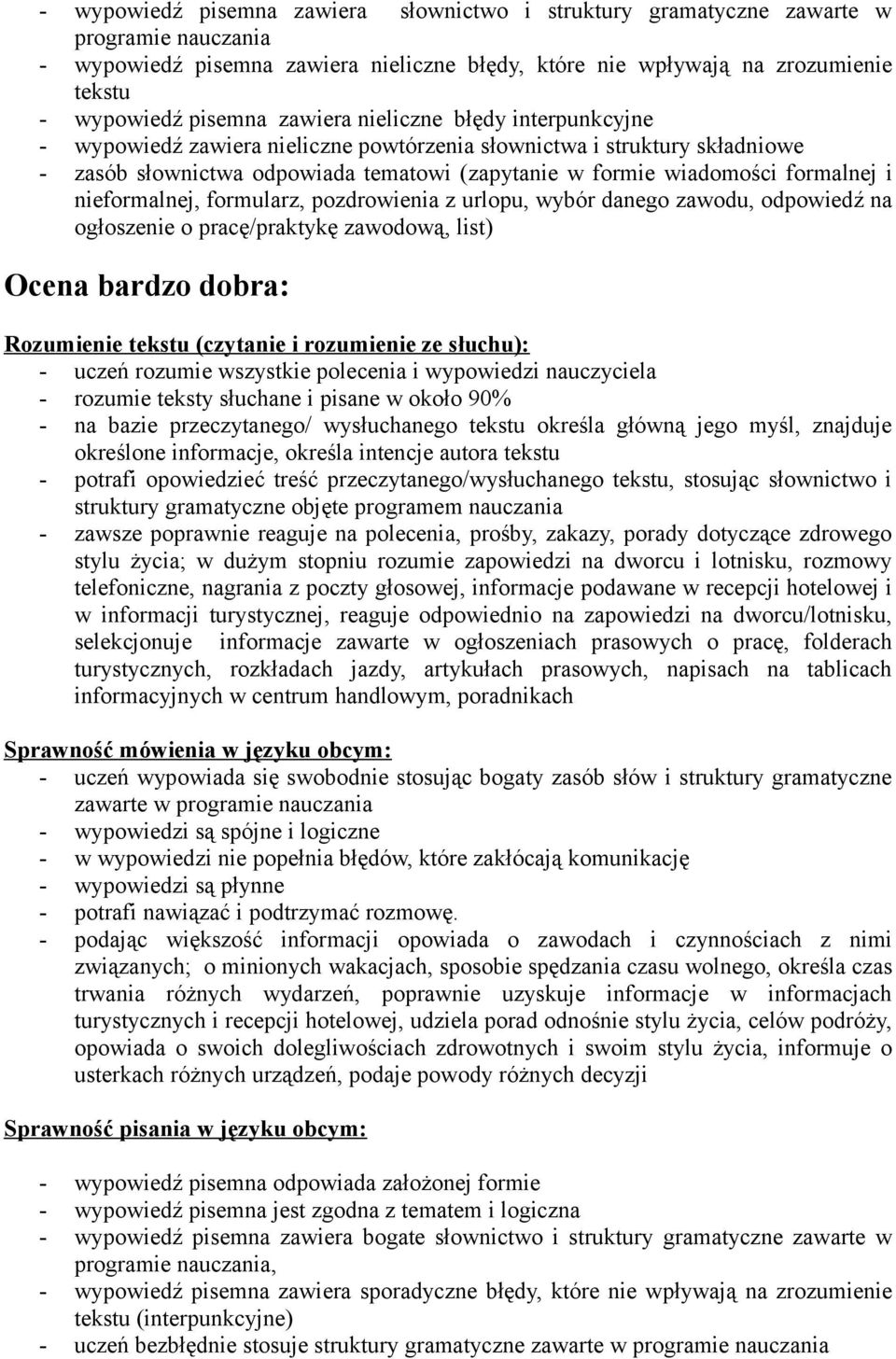 formularz, pozdrowienia z urlopu, wybór danego zawodu, odpowiedź na ogłoszenie o pracę/praktykę zawodową, list) Ocena bardzo dobra: - uczeń rozumie wszystkie polecenia i wypowiedzi nauczyciela -