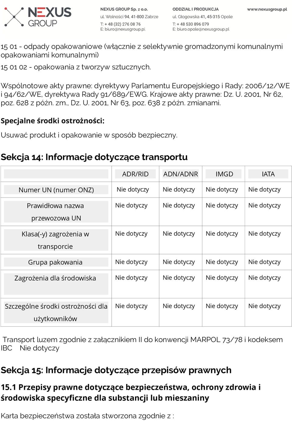 638 z późn. zmianami. Specjalne środki ostrożności: Usuwać produkt i opakowanie w sposób bezpieczny.