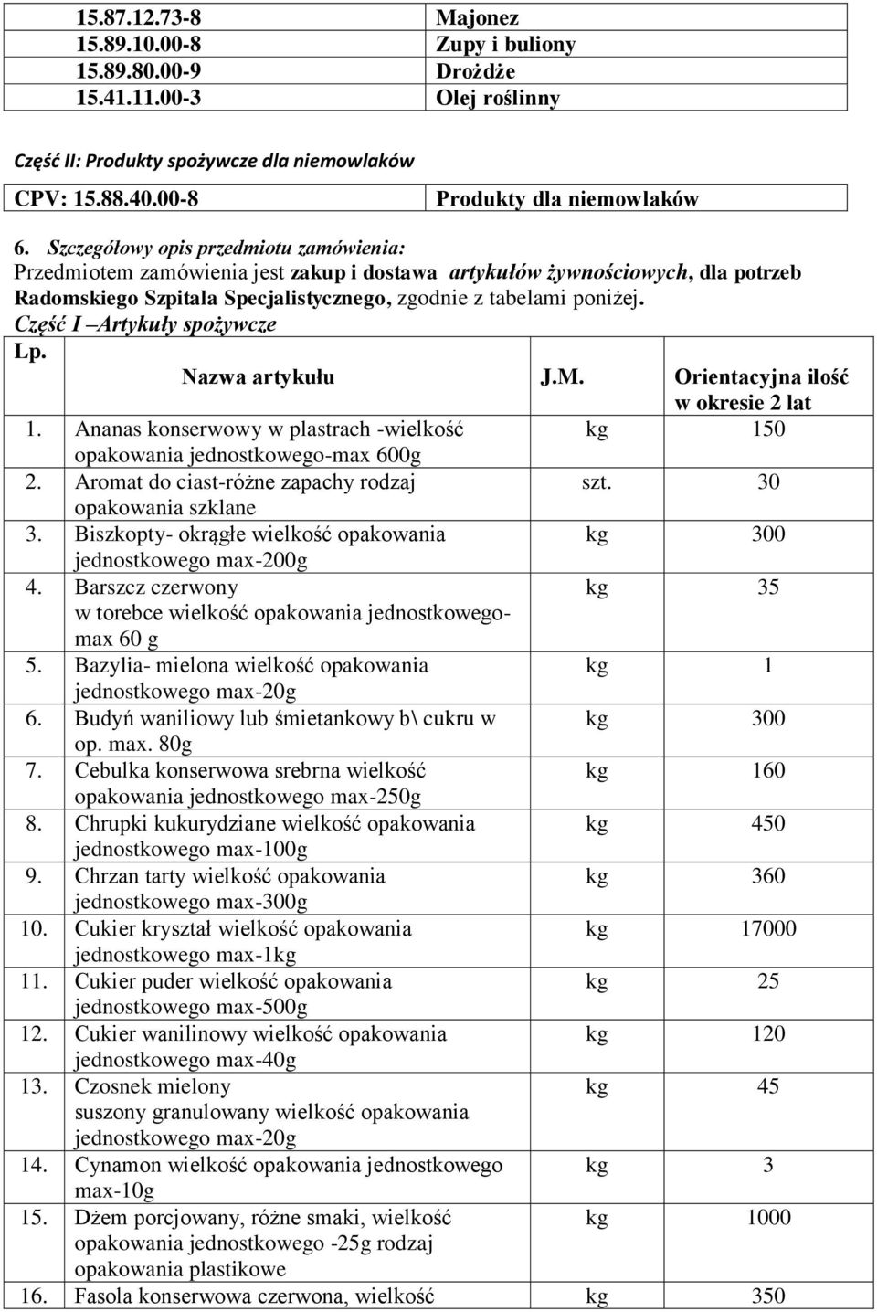Część I Artykuły spożywcze Lp. Nazwa artykułu J.M. Orientacyjna ilość w okresie 2 lat 1. Ananas konserwowy w plastrach -wielkość kg 150 opakowania jednostkowego-max 600g 2.