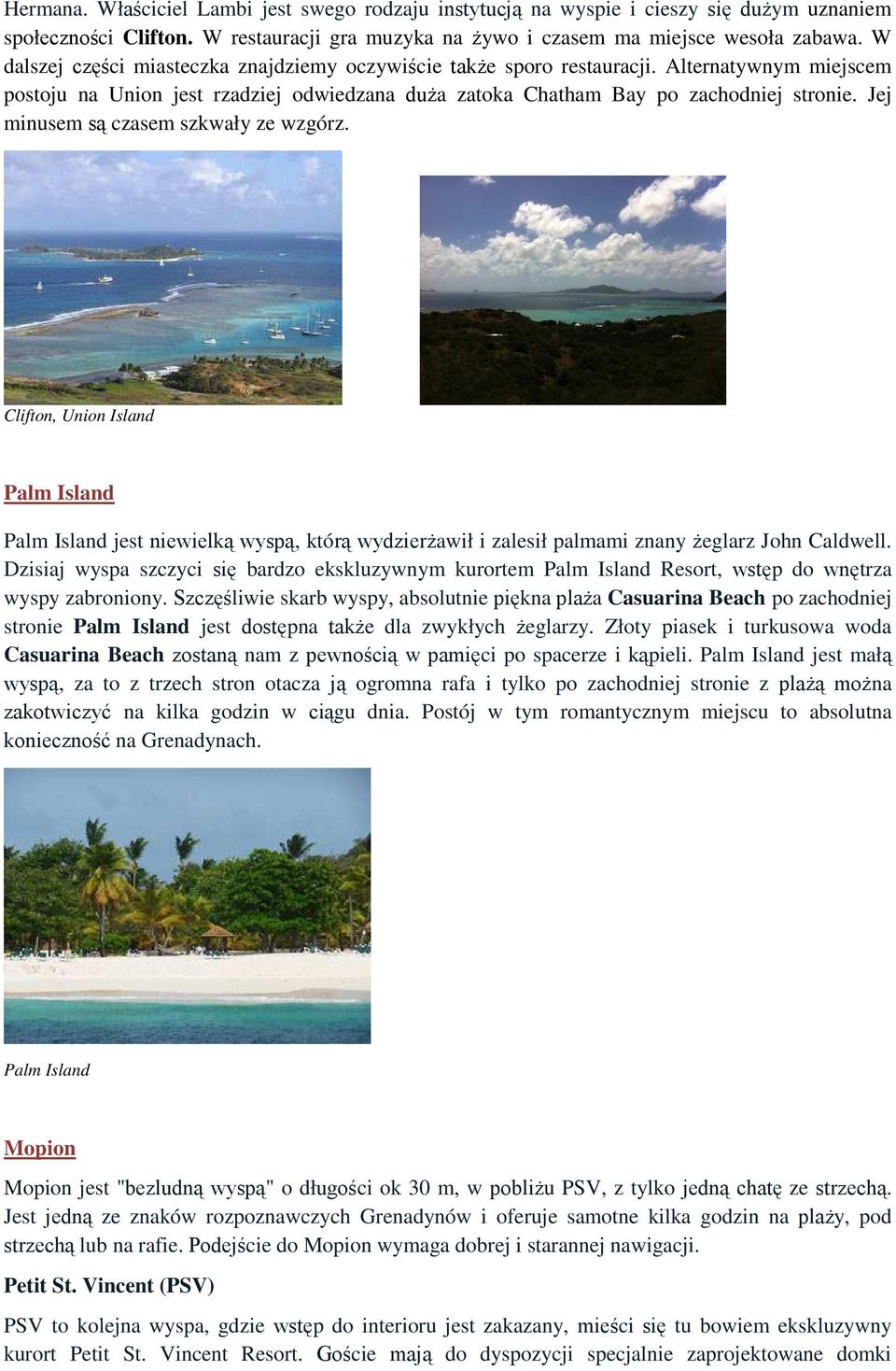 Jej minusem są czasem szkwały ze wzgórz. Clifton, Union Island Palm Island Palm Island jest niewielką wyspą, którą wydzierżawił i zalesił palmami znany żeglarz John Caldwell.