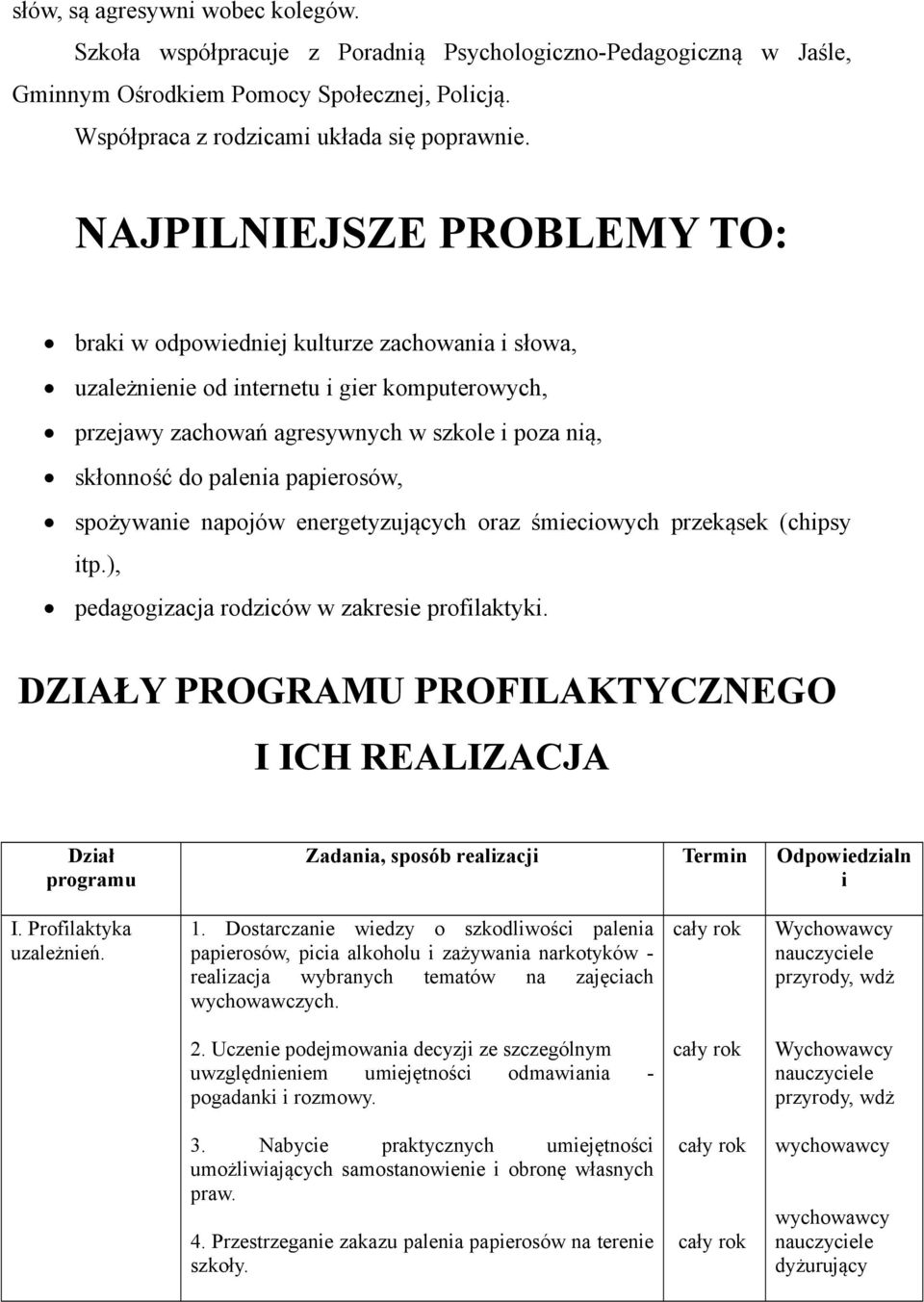 papierosów, spożywanie napojów energetyzujących oraz śmieciowych przekąsek (chipsy itp.), pedagogizacja rodziców w zakresie profilaktyki.