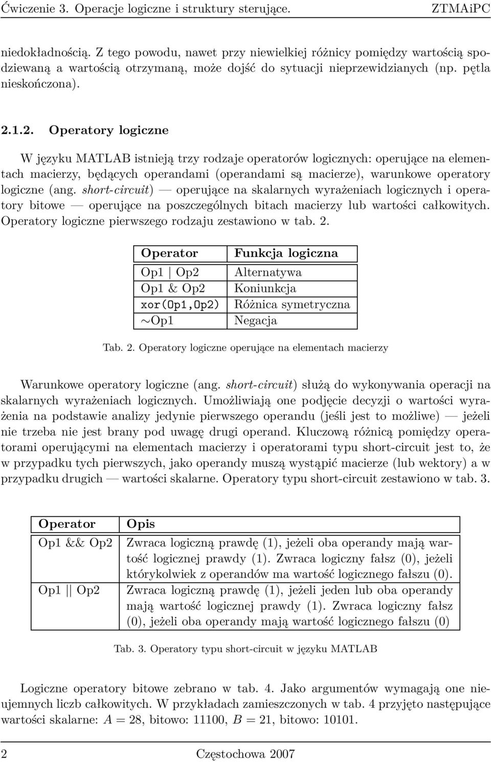 1.2. Operatory logiczne W języku MATLAB istnieją trzy rodzaje operatorów logicznych: operujące na elementach macierzy, będących operandami (operandami są macierze), warunkowe operatory logiczne (ang.