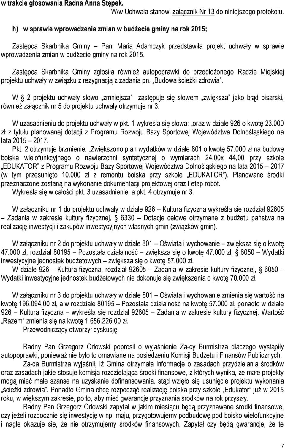 Zastępca Skarbnika Gminy zgłosiła również autopoprawki do przedłożonego Radzie Miejskiej projektu uchwały w związku z rezygnacją z zadania pn. Budowa ścieżki zdrowia.