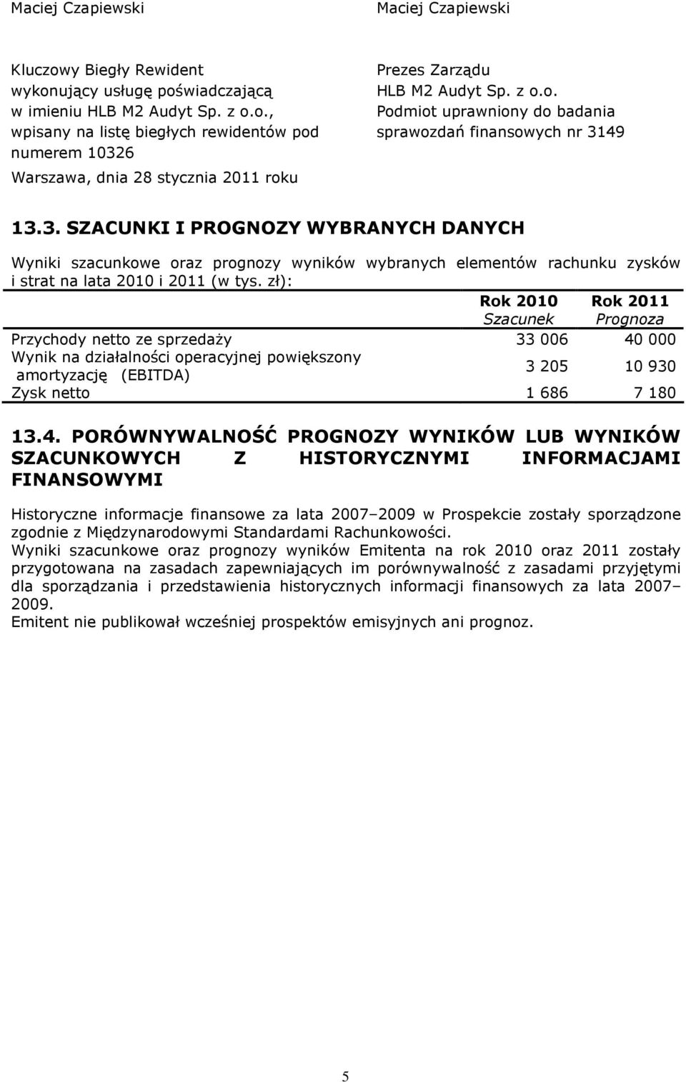 49 13.3. SZACUNKI I PROGNOZY WYBRANYCH DANYCH Wyniki szacunkowe oraz prognozy wyników wybranych elementów rachunku zysków i strat na lata 2010 i 2011 (w tys.