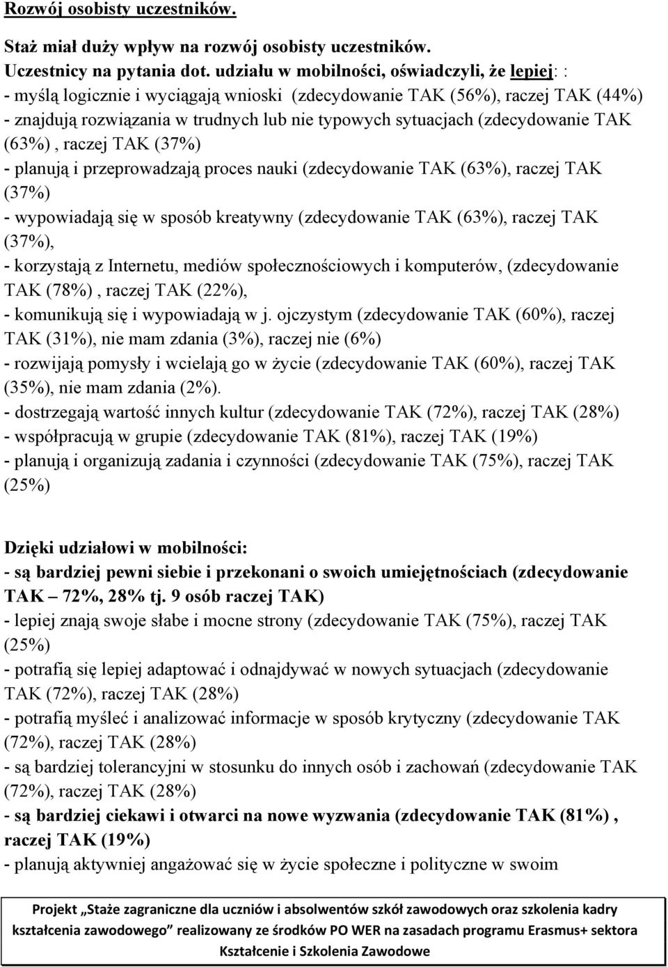 (zdecydowanie TAK (63%), raczej TAK (37%) - planują i przeprowadzają proces nauki (zdecydowanie TAK (63%), raczej TAK (37%) - wypowiadają się w sposób kreatywny (zdecydowanie TAK (63%), raczej TAK