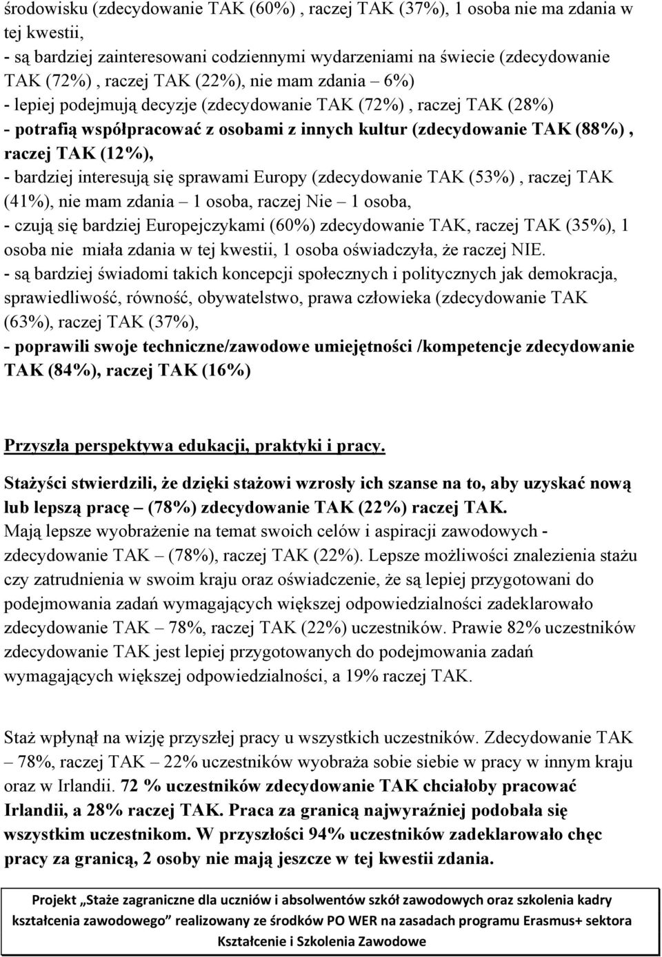 interesują się sprawami Europy (zdecydowanie TAK (53%), raczej TAK (41%), nie mam zdania 1 osoba, raczej Nie 1 osoba, - czują się bardziej Europejczykami (60%) zdecydowanie TAK, raczej TAK (35%), 1