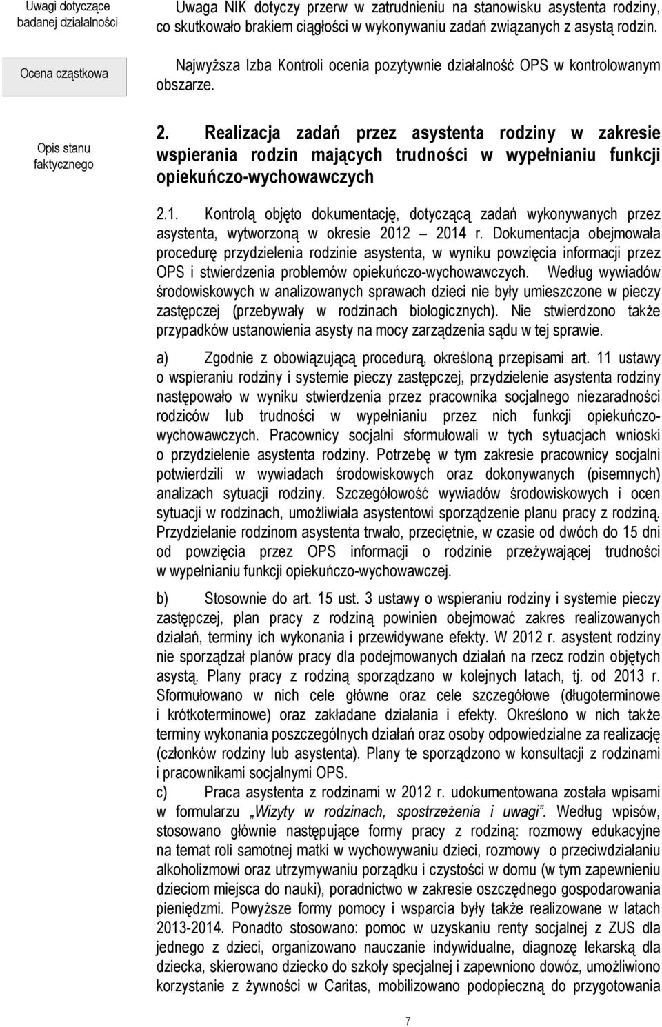 Realizacja zadań przez asystenta rodziny w zakresie wspierania rodzin mających trudności w wypełnianiu funkcji opiekuńczo-wychowawczych 2.1.