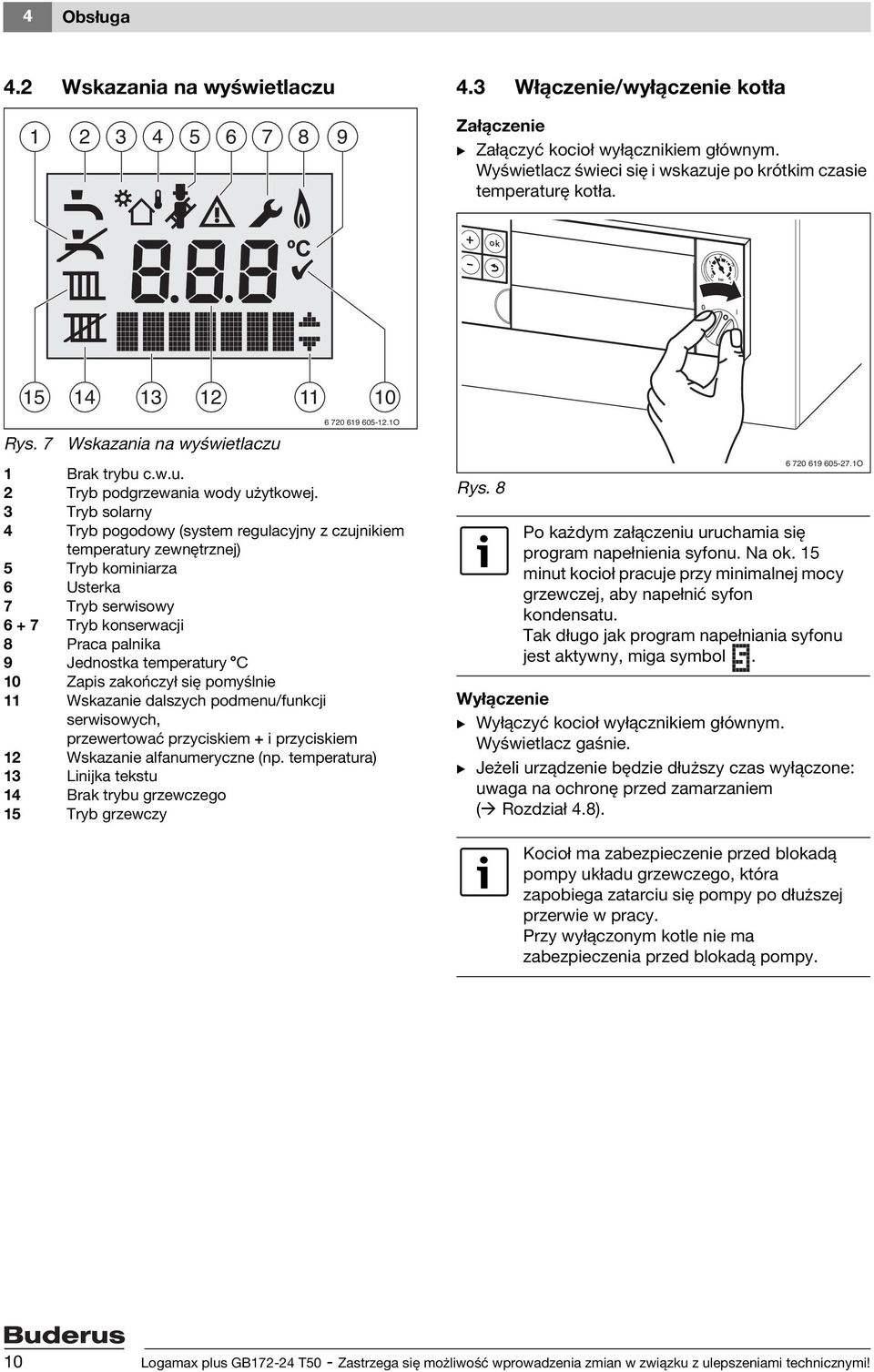 3 Tryb solarny 4 Tryb pogodowy (system regulacyjny z czujnikiem temperatury zewnętrznej) 5 Tryb kominiarza 6 Usterka 7 Tryb serwisowy 6 + 7 Tryb konserwacji 8 Praca palnika 9 Jednostka temperatury C