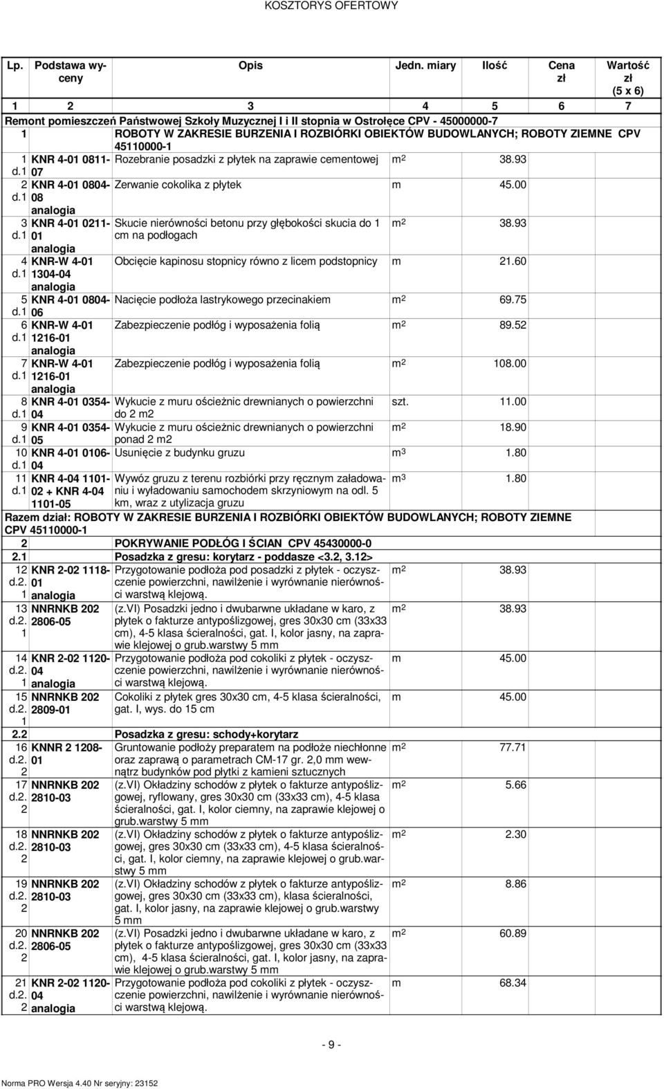 BUDOWLANYCH; ROBOTY ZIEMNE CPV 450000- KNR 4-0 08- Rozebranie posadzki z płytek na zaprawie cementowej 38.93 d. 07 2 d. 3 d. 4 d.